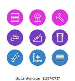 Vector illustration of 9 architecture icons line style. Editable set of wrench, column, stairs and other icon elements.