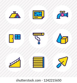 Vector illustration of 9 architecture icons colored line. Editable set of roof, door with window, plan and other icon elements.