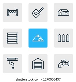 Vector Illustration Of 9 Architecture Icons Line Style. Editable Set Of Siding, Gutter, Roof And Other Icon Elements.