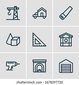 Vector illustration of 9 architecture icons line style. Editable set of ruler, crane, figures and other icon elements.