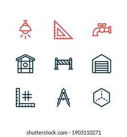 Ilustración vectorial de 9 iconos de arquitectura estilo de línea. Conjunto editable de elementos de planificación, encuadramiento, grúa de agua y otros elementos de icono.