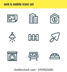 Vector illustration of 9 architecture icons line style. Editable set of lamp, fireplace, building and other icon elements.