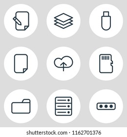 Vector illustration of 9 archive icons line style. Editable set of cloud, category, document and other icon elements.
