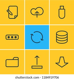 Vector illustration of 9 archive icons line style. Editable set of edit, password, cloud and other icon elements.