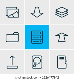 Vector illustration of 9 archive icons line style. Editable set of category, sd card, album and other icon elements.