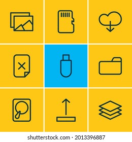 Ilustración vectorial del estilo de línea de 9 iconos de archivo. Conjunto editable de categorías, carpetas, carga y otros elementos de icono.