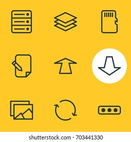 Vector Illustration Of 9 Archive Icons. Editable Pack Of Synchronize, Upward, Memory And Other Elements.