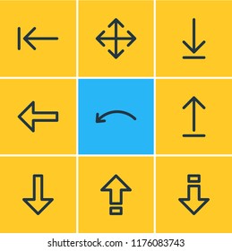 Vector illustration of 9 arrows icons line style. Editable set of download, backward, caps lock and other icon elements.