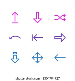 Vector illustration of 9 arrows icons line style. Editable set of pointing, backspace, enlarge and other icon elements.
