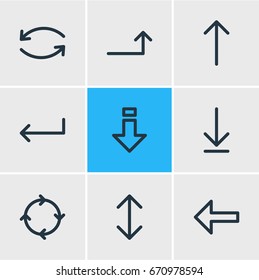 Vector Illustration Of 9 Arrows Icons. Editable Pack Of Down, Direction, Exchange And Other Elements.
