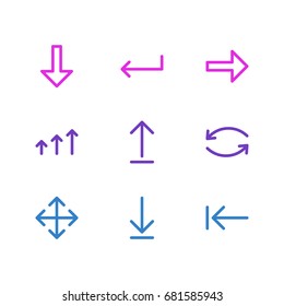 Vector Illustration Of 9 Arrows Icons. Editable Pack Of Download, Widen, Loading And Other Elements.