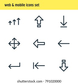 Vector illustration of 9 arrows icons line style. Editable set of enter, enlarge, backspace and other elements.