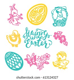 A vector illustration of 9 assorted easter theme vintage paper cut designs like happy easter phrase, easter eggs, easter animals, flowers and other spring theme filigree.