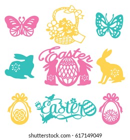 A vector illustration of 9 assorted vintage paper cut silhouette easter filigree set like easter phrases, easter eggs, easter animals, flowers and other spring theme filigree.