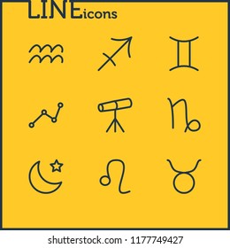 Vector illustration of 9 astrology icons line style. Editable set of moon, leo, telescope and other icon elements.