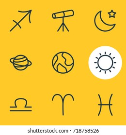 Vector Illustration Of 9 Astrology Icons. Editable Pack Of Sunny, Fishes, Archer And Other Elements.