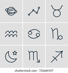 Vector Illustration Of 9 Astrology Icons. Editable Pack Of Archer, Zodiac Sign, Goat And Other Elements.