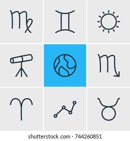 Vector Illustration Of 9 Astrology Icons. Editable Pack Of Zodiac Sign, Virgin, Planet And Other Elements.