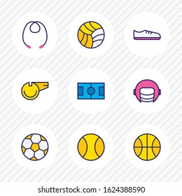 Vector illustration of 9 athletic icons colored line. Editable set of jumping rope, helmet, whistle and other icon elements.