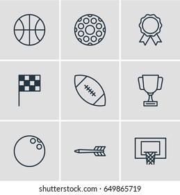 Vector Illustration Of 9 Athletic Icons. Editable Pack Of Darts, Basketball, Award And Other Elements.