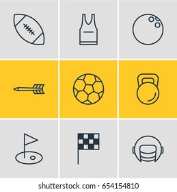 Vector Illustration Of 9 Athletic Icons. Editable Pack Of Golf, Darts, Touchdown And Other Elements.
