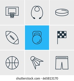 Vector Illustration Of 9 Athletic Icons. Editable Pack Of Puck, Touchdown, Uniform And Other Elements.