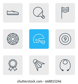 Vector Illustration Of 9 Athletic Icons. Editable Pack Of Skipping Rope, Cue, Gumshoes And Other Elements.