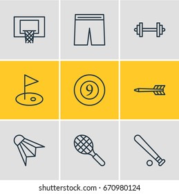 Vector Illustration Of 9 Athletic Icons. Editable Pack Of Basketball, Cue, Darts And Other Elements.