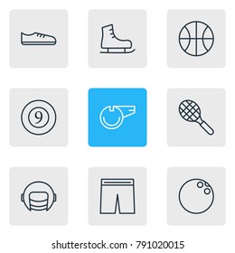 Vector illustration of 9 athletic icons line style. Editable set of ice boot, kegling, hoop and other elements.