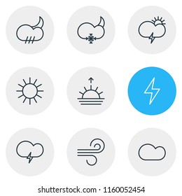 Vector illustration of 9 atmosphere icons line style. Editable set of stormy, sun, sunrise and other icon elements.