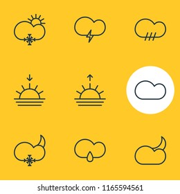 Vector illustration of 9 atmosphere icons line style. Editable set of cloud, sunrise, sunset and other icon elements.