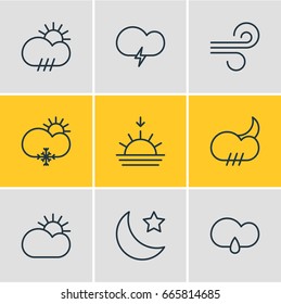 Vector Illustration Of 9 Atmosphere Icons. Editable Pack Of Sun, Drizzles, Fulminant And Other Elements.