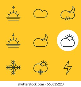 Vector Illustration Of 9 Atmosphere Icons. Editable Pack Of Moon Month, Cloud, Sun And Other Elements.