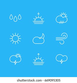 Vector Illustration Of 9 Atmosphere Icons. Editable Pack Of Sunset, Sunrise, Drip And Other Elements.