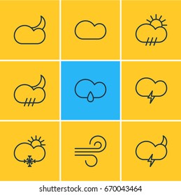 Vector Illustration Of 9 Atmosphere Icons. Editable Pack Of Sunny, Rain, Cloud And Other Elements.