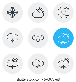 Vector Illustration Of 9 Atmosphere Icons. Editable Pack Of Snow, Crescent, Sunny And Other Elements.
