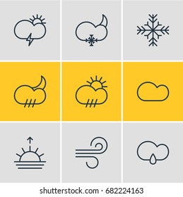 Vector Illustration Of 9 Atmosphere Icons. Editable Pack Of Cloud, Snowflake, Windstorm And Other Elements.