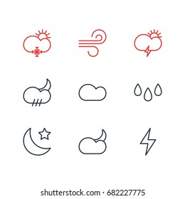 Vector Illustration Of 9 Atmosphere Icons. Editable Pack Of Drip, Breeze, Moon Month And Other Elements.