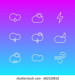 Vector Illustration Of 9 Atmosphere Icons. Editable Pack Of Breeze, Cloudy, Rain And Other Elements.