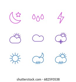 Vector Illustration Of 9 Atmosphere Icons. Editable Pack Of Cloudy, Crescent, Sun And Other Elements.