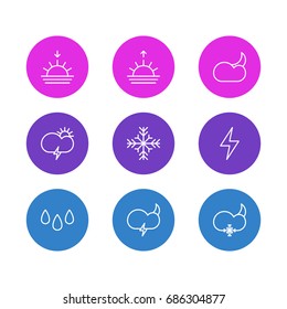 Vector Illustration Of 9 Atmosphere Icons. Editable Pack Of Sunrise, Snowflake, Moon Month And Other Elements.
