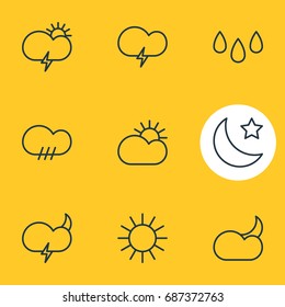 Vector Illustration Of 9 Atmosphere Icons. Editable Pack Of Rainy, Sunlight, Weather And Other Elements.