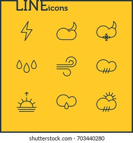 Vector Illustration Of 9 Atmosphere Icons. Editable Pack Of Snowflake, Drip, Rainy And Other Elements.