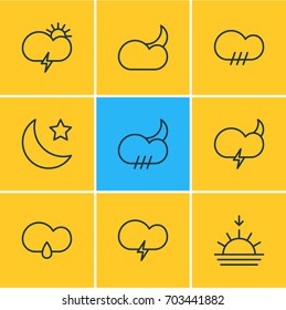 Vector Illustration Of 9 Atmosphere Icons. Editable Pack Of Rainy, Crescent, Fulminant And Other Elements.