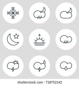Vector Illustration Of 9 Atmosphere Icons. Editable Pack Of Cloud, Weather, Crescent And Other Elements.