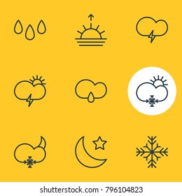 Vector illustration of 9 atmosphere icons line style. Editable set of fulminant, sunset, windstorm and other elements.
