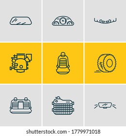 Vector illustration of 9 auto part icons line style. Editable set of window, header panel, radiator and other icon elements.
