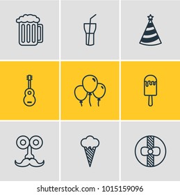Vector illustration of 9 banquet icons line style. Editable set of sorbet, mustache, party hat and other icon elements.