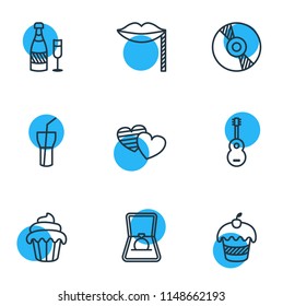 Vector illustration of 9 banquet icons line style. Editable set of masquerade, wedding ring, soda and other icon elements.