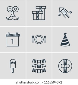 Vector illustration of 9 banquet icons line style. Editable set of gift box, present, party hat and other icon elements.